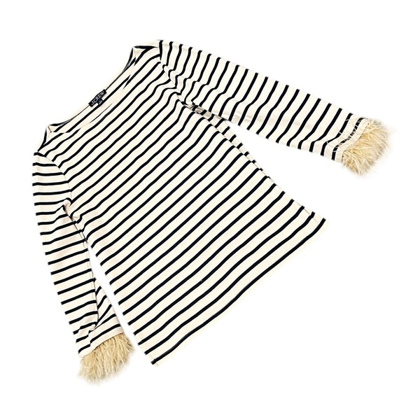 J.Crew Navy & Cream Striped long sleeved Top feather trim cuffs size small - Picture 4 of 11